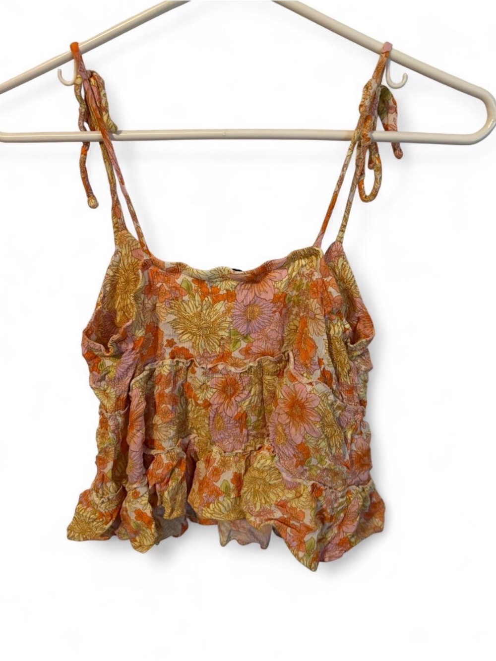 SO Floral Tie-Shoulder Ruffle Tank - Orange, Pink, Yellow - Picture 4 of 5
